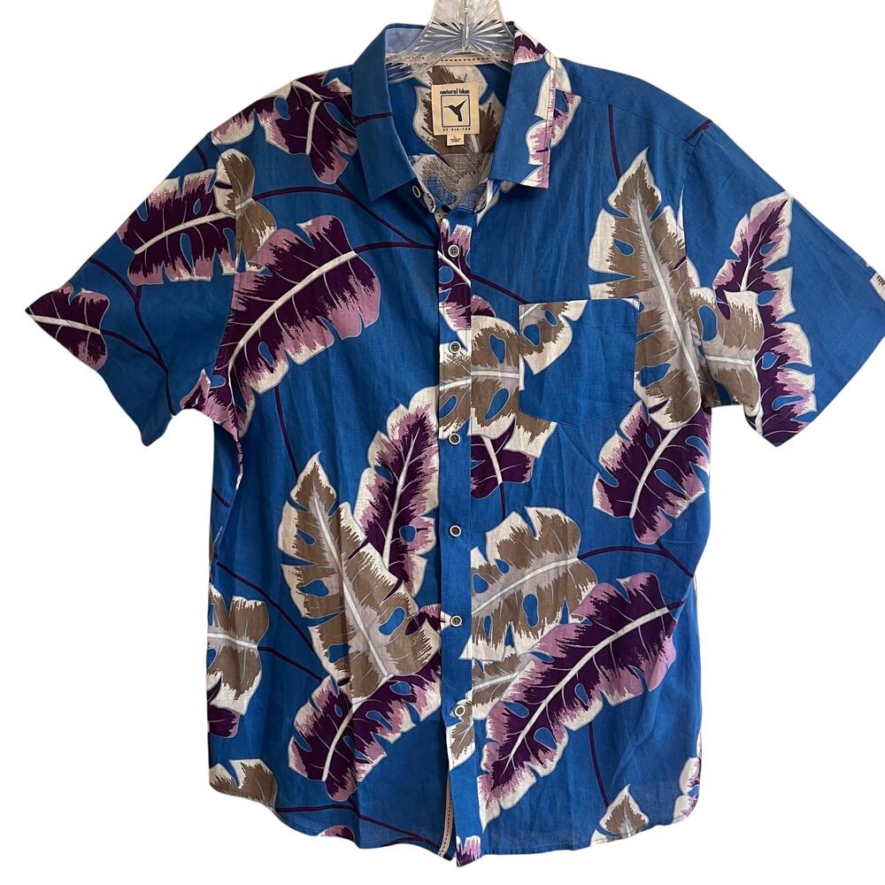 Natural Blue by Visitor Linen Cotton Tropical Hawaiian Camp Shirt Large